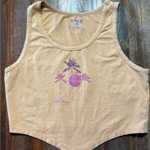 Ⓜ️Hurley Women’s Mustard Yellow Crop Top with Purple‎ Palm Design—EUC